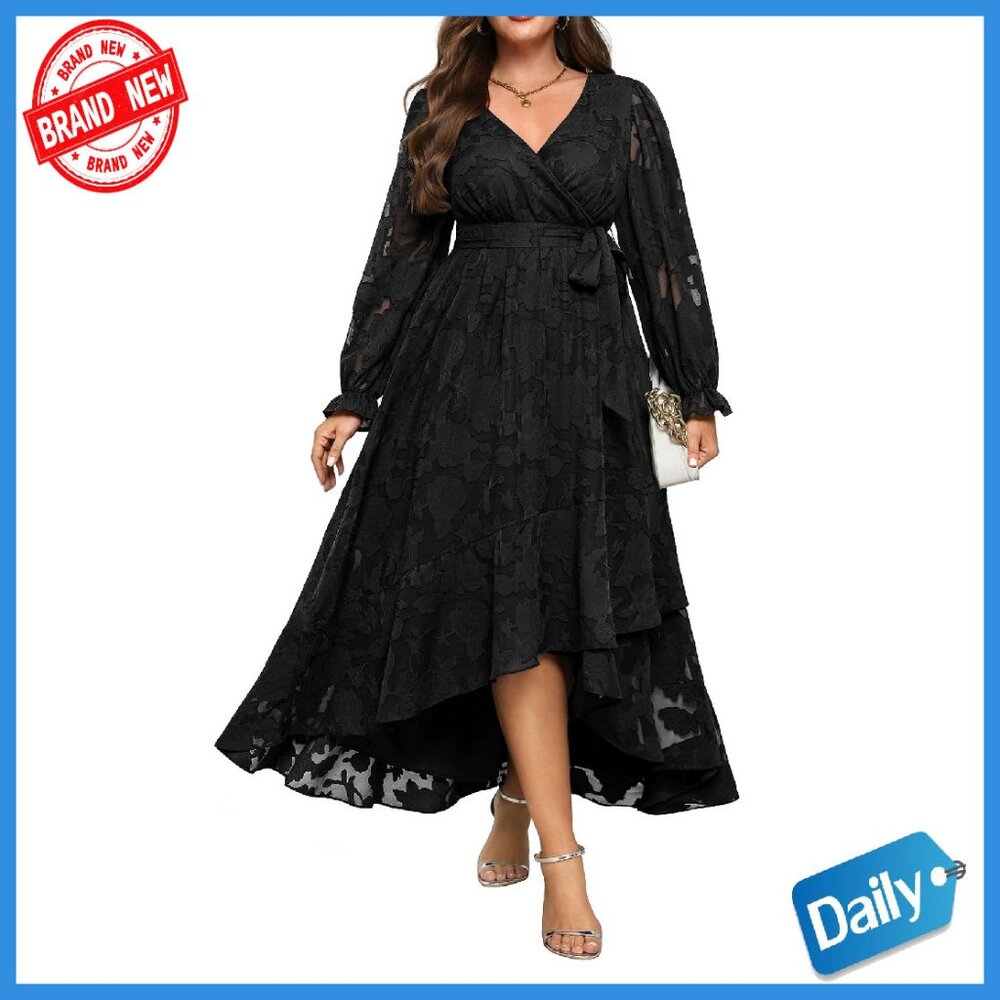 Plus Size Formal Maxi Dress Long Sleeve Wrap V Neck High Low Belt